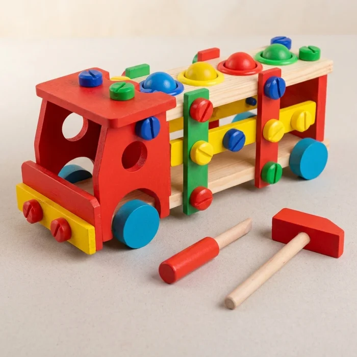 Holz-LKW mit Schraubspiel und Klopfkugeln