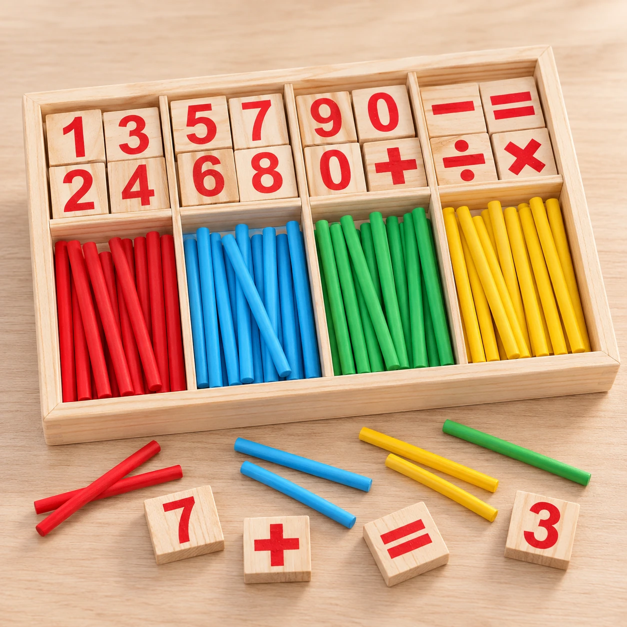 Rechenstäbchen aus Holz mit Zahlen und Rechenzeichen